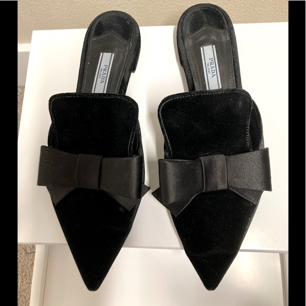 Prada Velvet & Bow Point-Toe Mule Slides